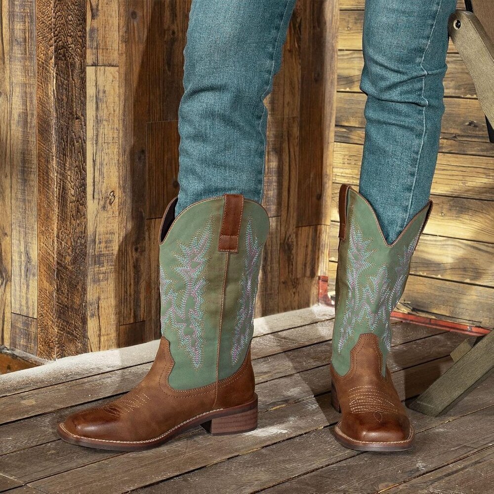 SheSole Western Boots Women's Brown Tan Faux Leather Square Toe Wide Mid Calf - Picture 6 of 9